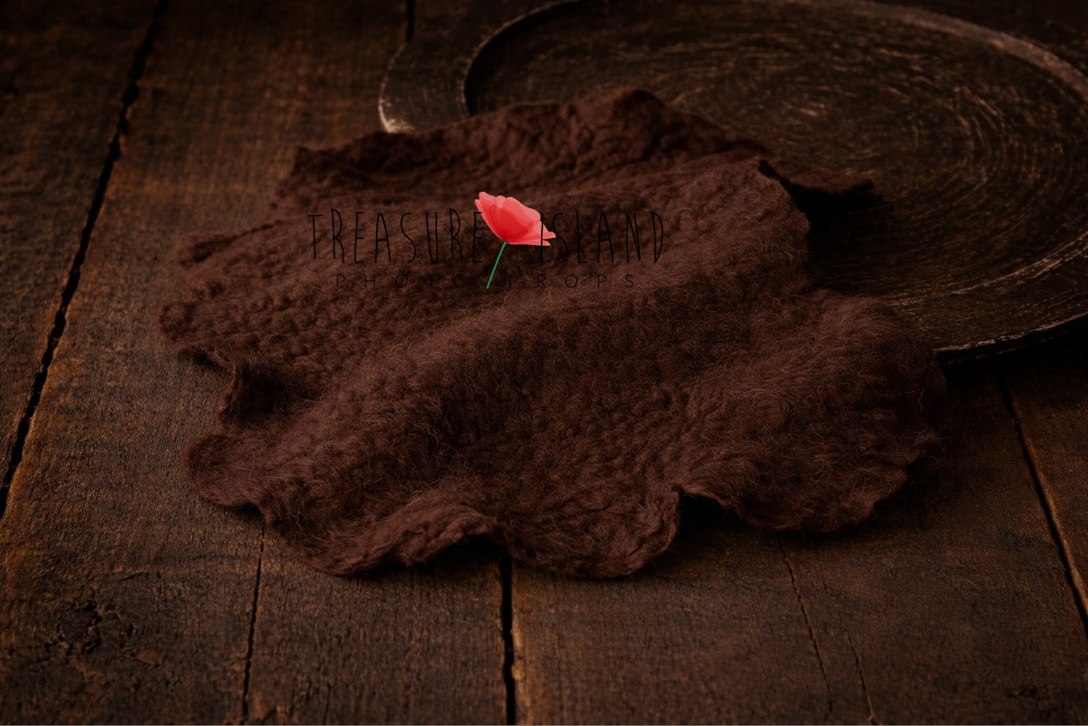 Dark chocolate hand-felted irregular wool blanket with organic edges