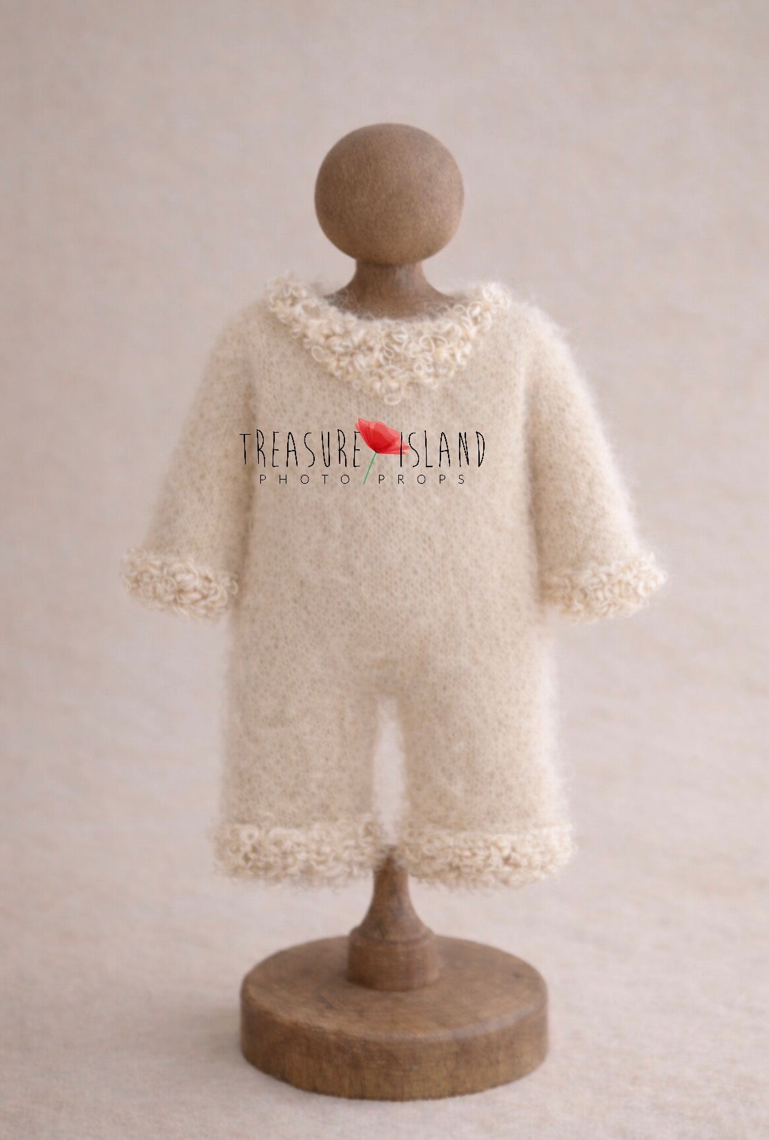 Fluffy hand-knitted lamb romper with curly sheep wool trim and wooden buttons for baby photography
