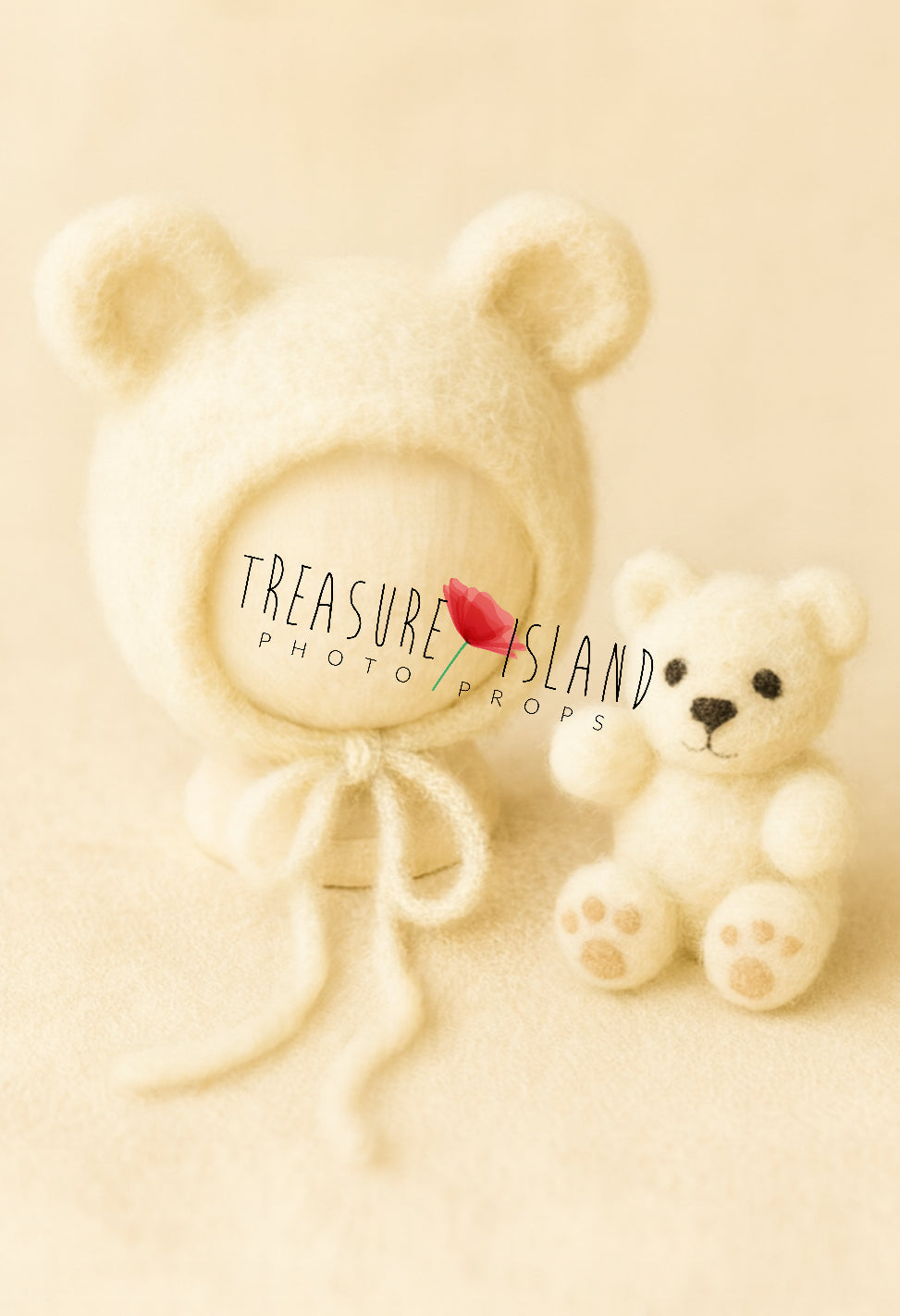 Hand-felted natural white bear set with bonnet and miniature teddy, newborn and sitter photography prop
