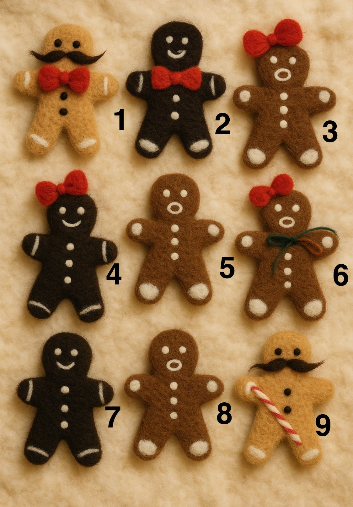 Nine gingerbread cookies with different decorations on a beige background and with variant numbers