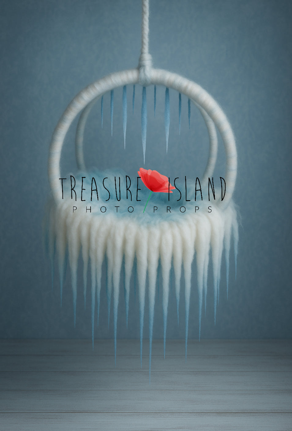 Hand-felted wool ICE LAND dream catcher newborn photography prop with blue and white icicle details