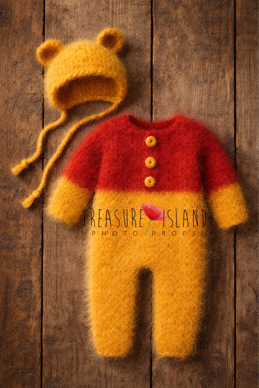 Hand-knitted honey yellow and red bear romper with matching bonnet for newborn photography