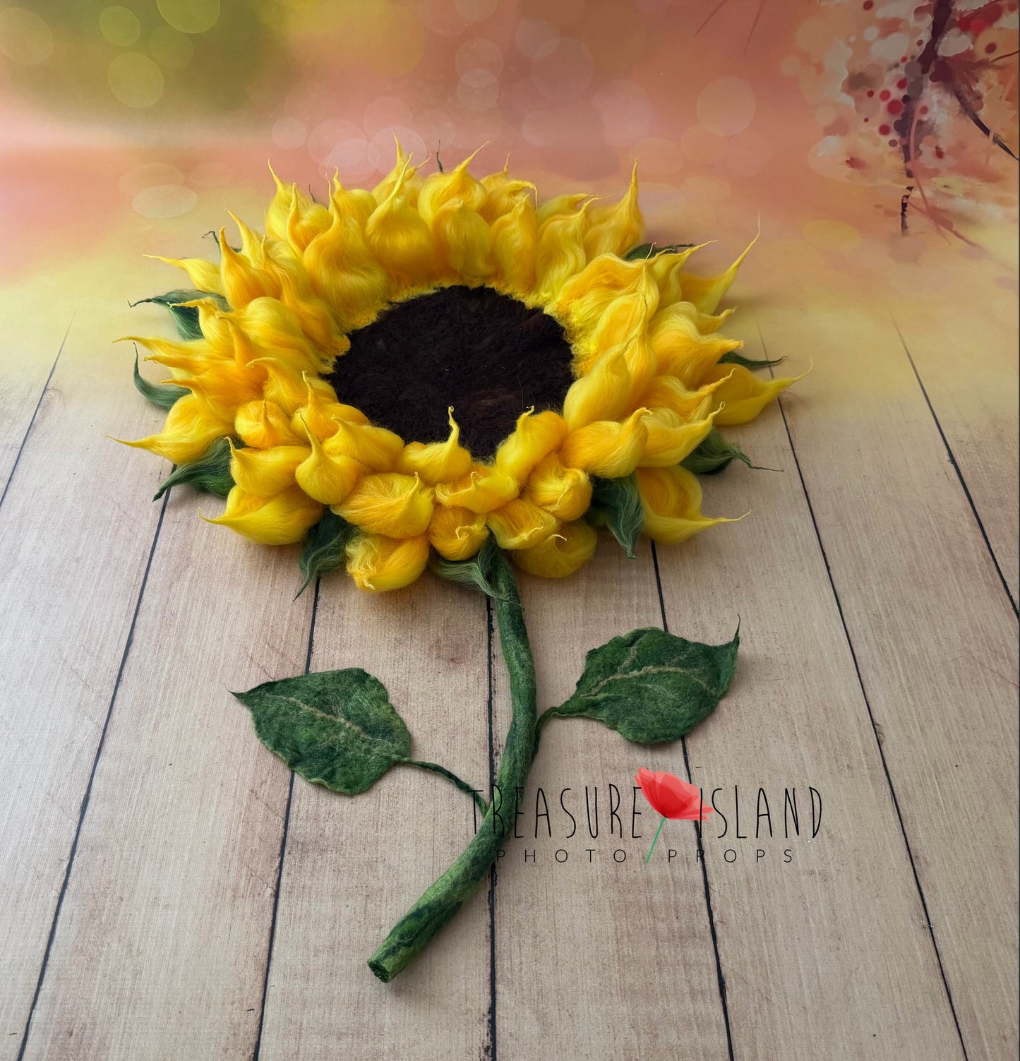 Handmade felted sunflower blanket with botanical stem and two leaves