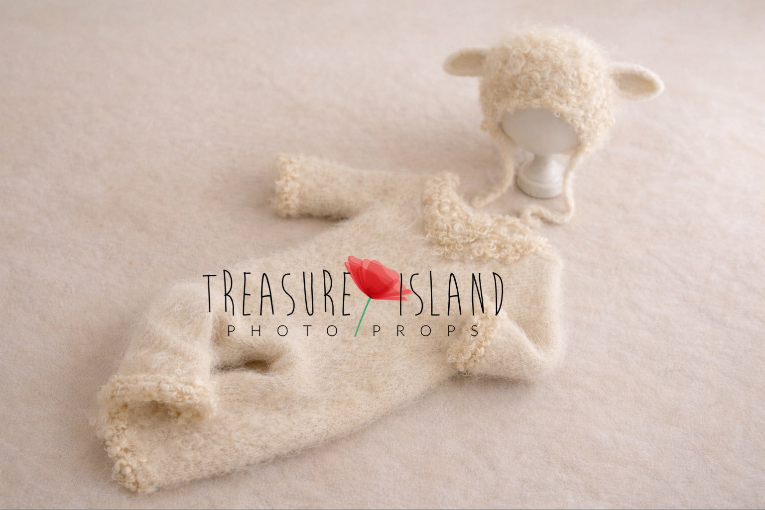 Handmade lamb romper and bonnet set with natural curly sheep locks for newborn and sitter photography