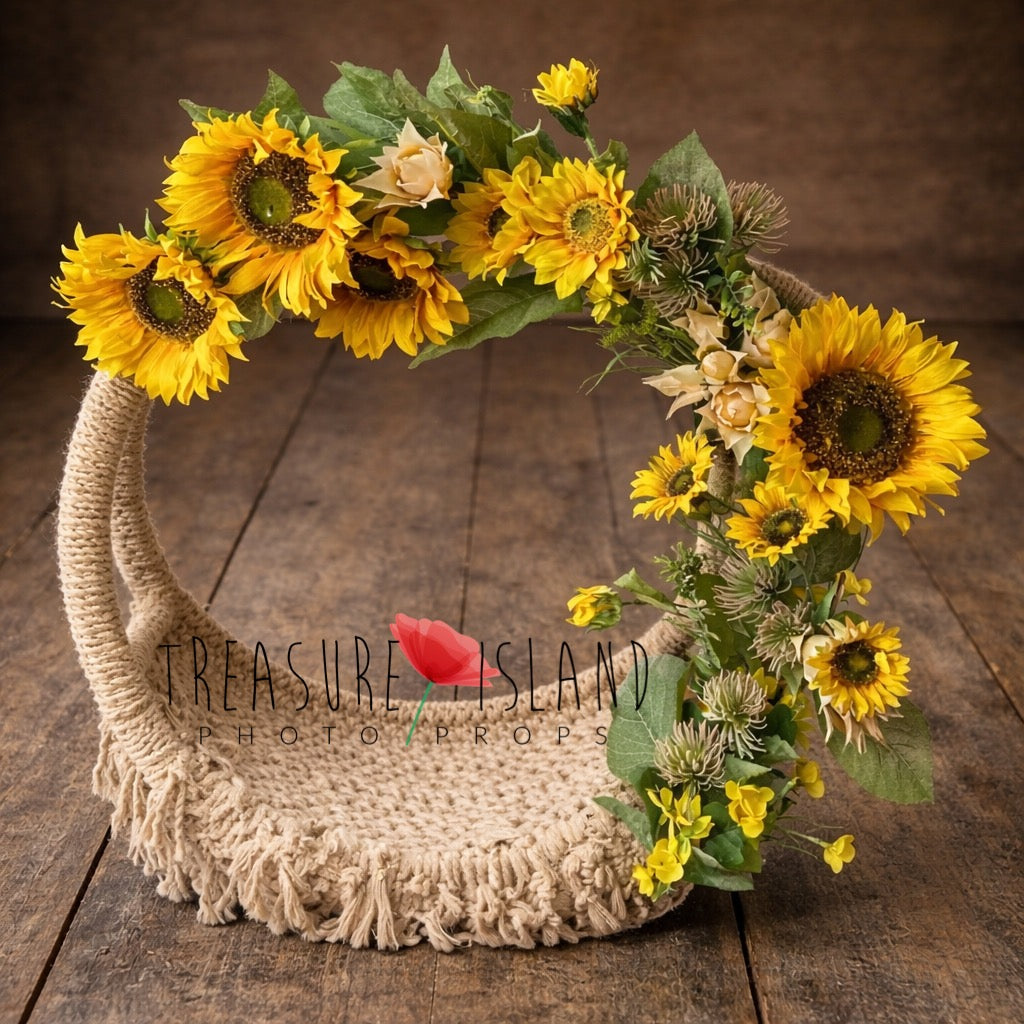 Handmade sunflower dream catcher newborn photography prop with woven base and floral arrangement