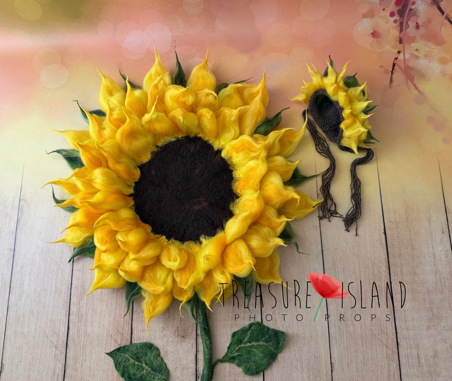 Handmade sunflower photography set with matching felted bonnet