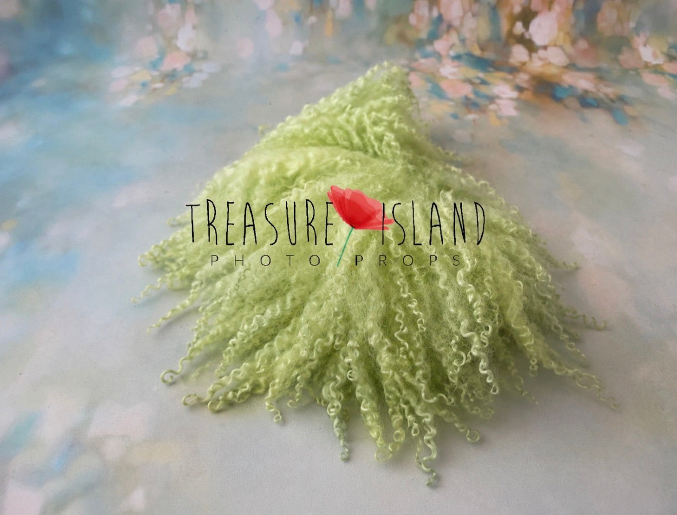 Light Matcha green curly wool blanket with natural sheep locks, handmade newborn photography prop by Treasure Island Photo Props