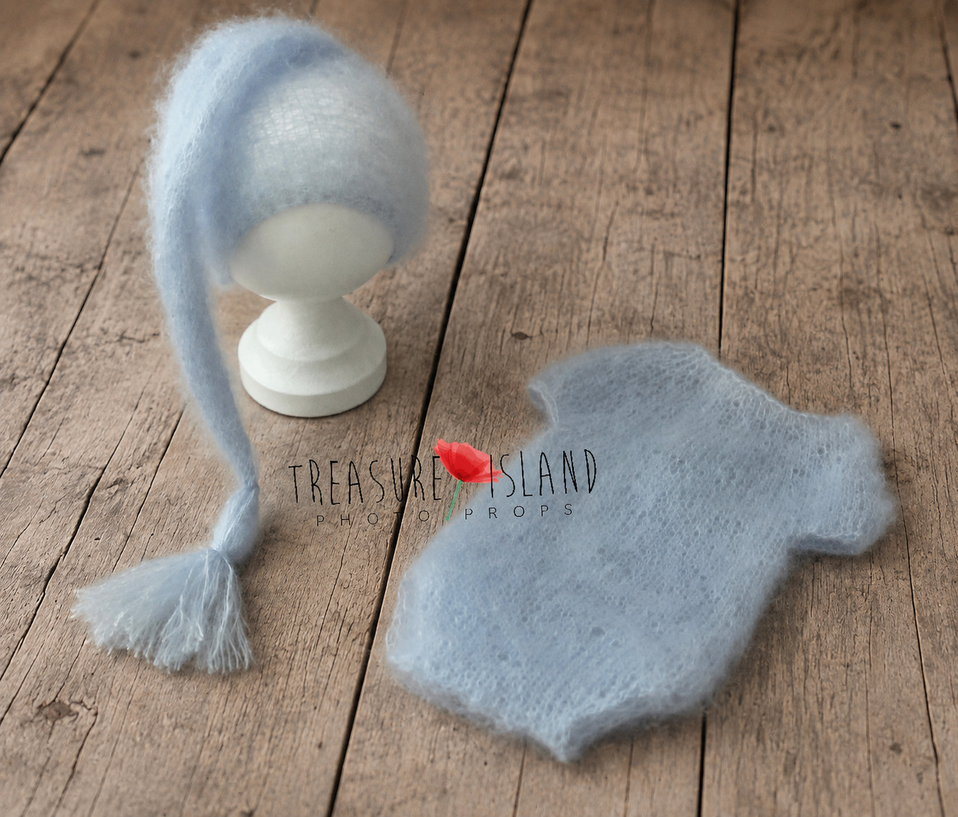 LIght Blue short-sleeve knitted photography bodysuits and pixie hat 