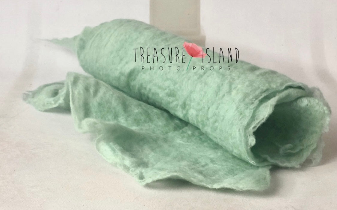 Mint extra long felted wool wrap shown rolled