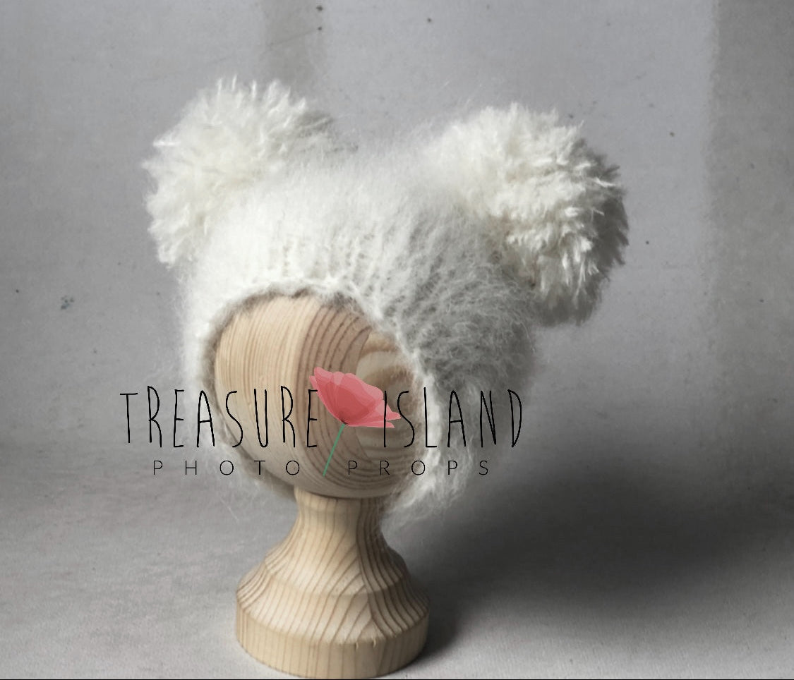Natural White knitted double pom pom hat with fluffy textured yarn for baby photography