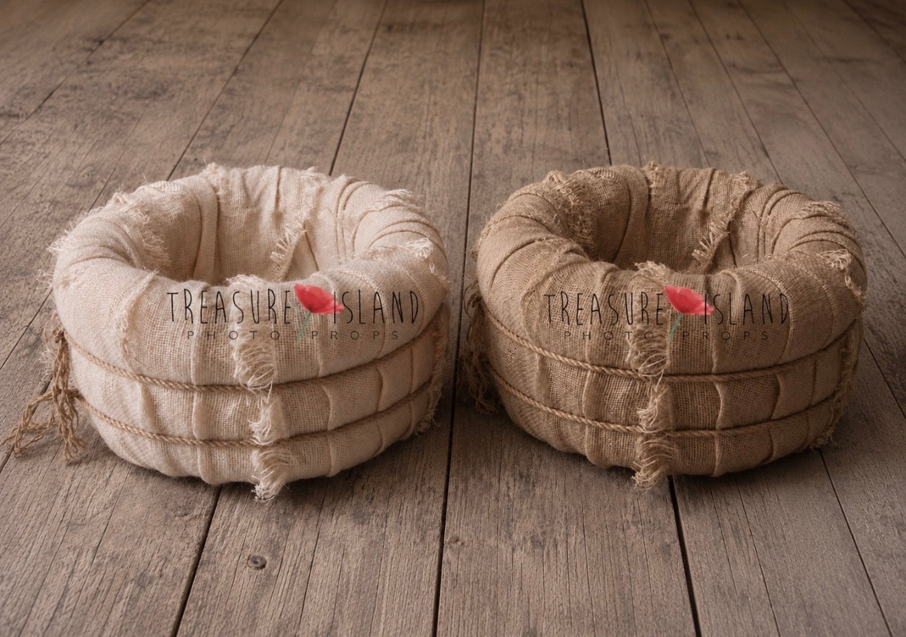 Natural and bleached jute newborn photography nests shown together in two neutral color options