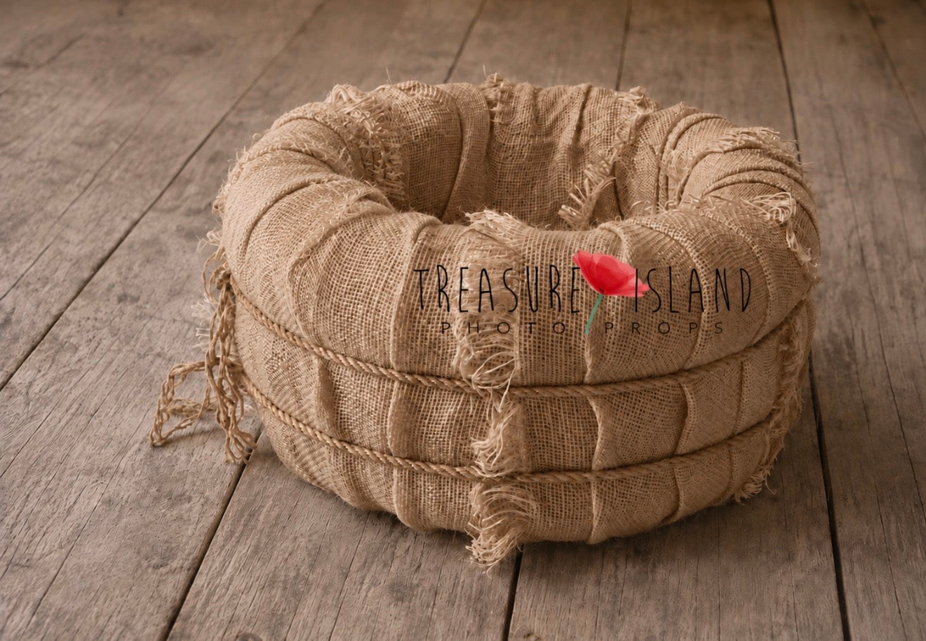 Handmade natural jute newborn photography nest showing layered rustic fabric texture and jute cord detail