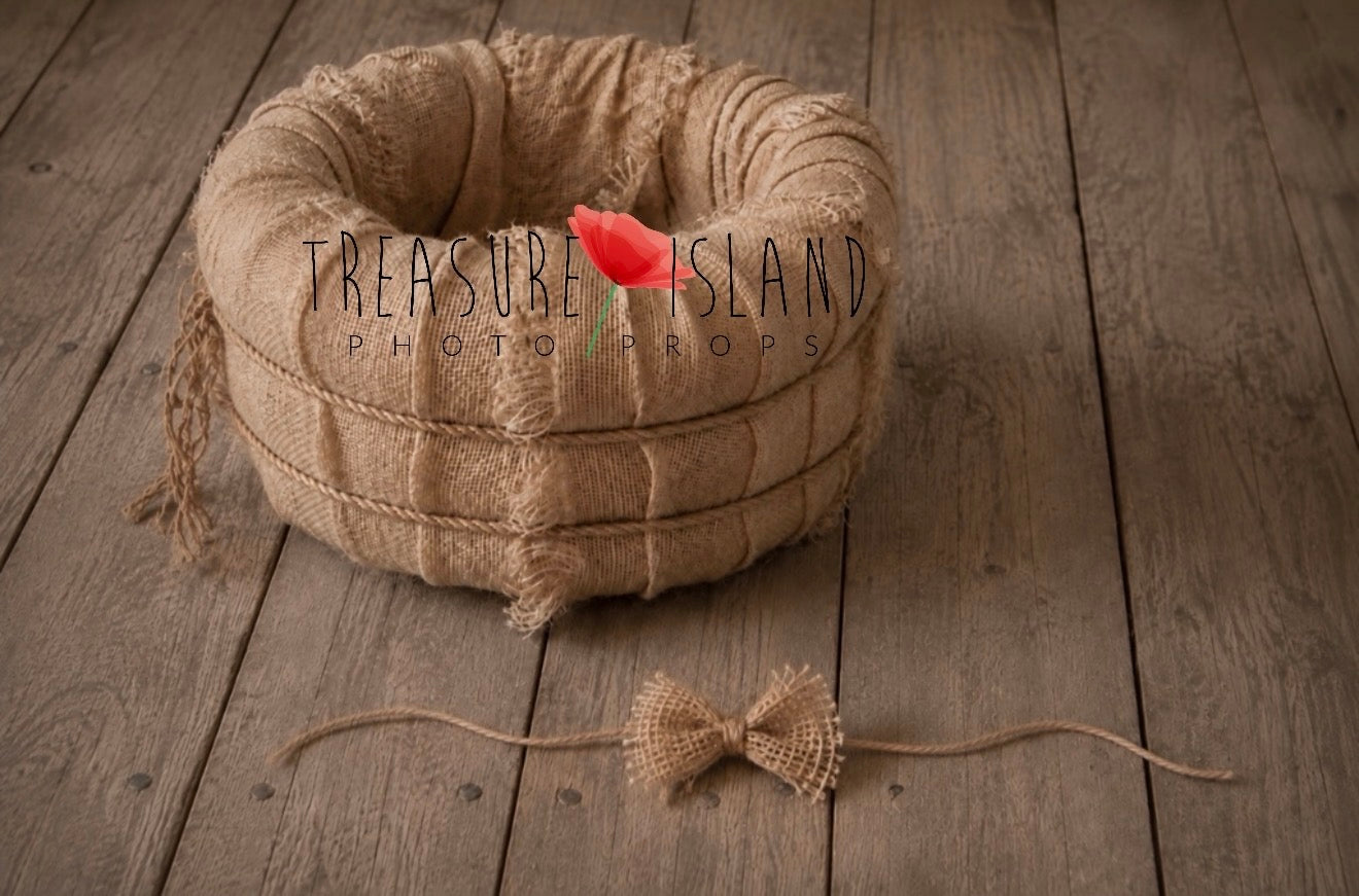 Natural jute newborn photography nest with matching tie-on jute bow headband