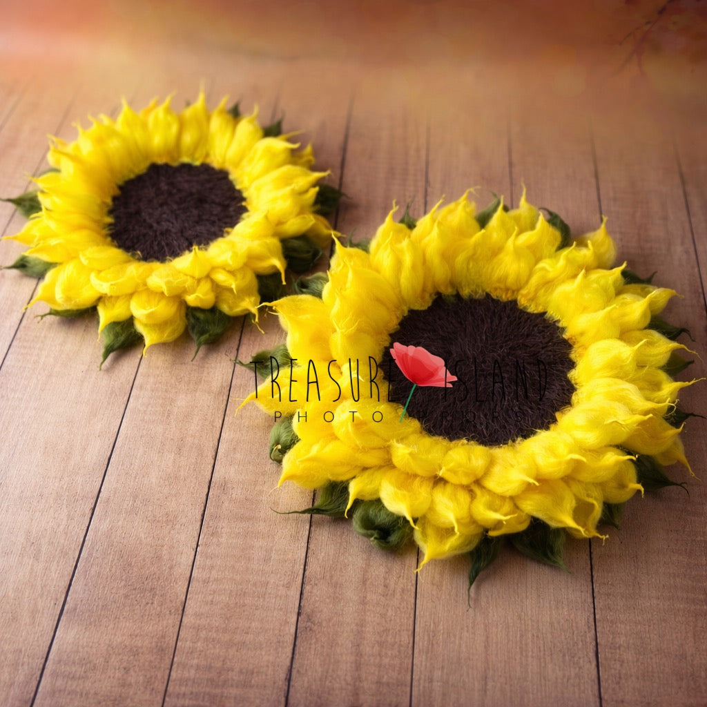 Newborn and sitter size felted sunflower blankets shown together
