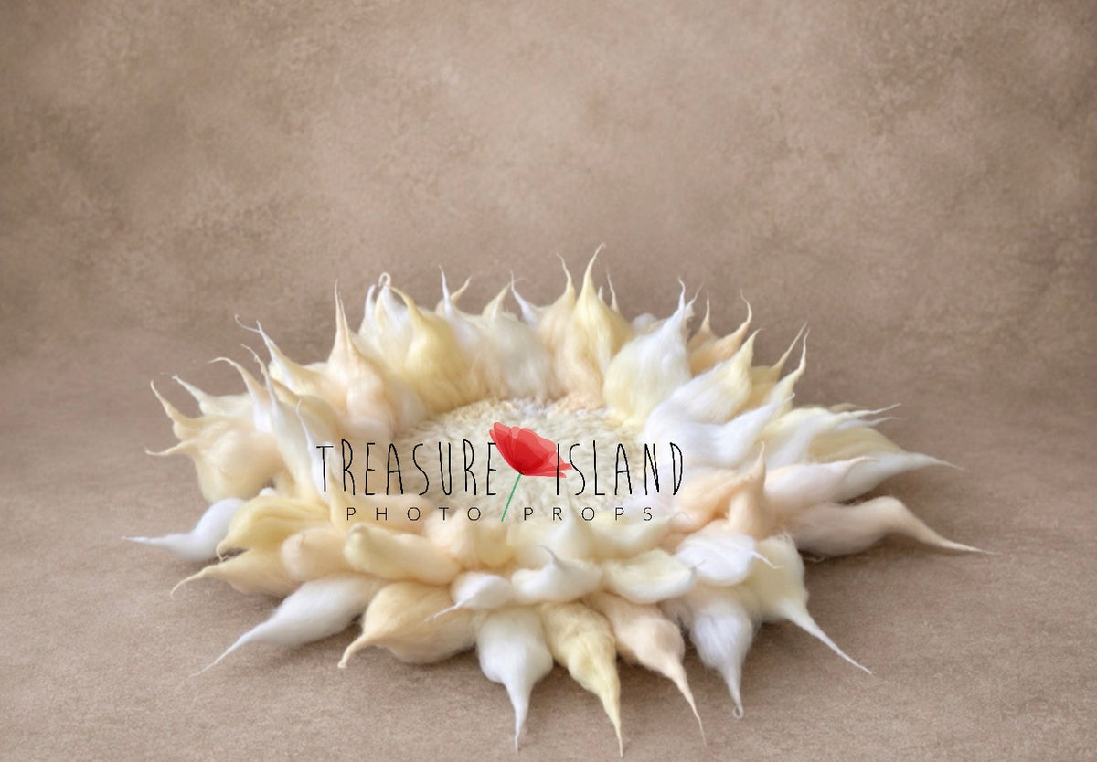 Pure Cloud and Butter Yellow hand-felted petal blanket showing a custom two-colour photography design