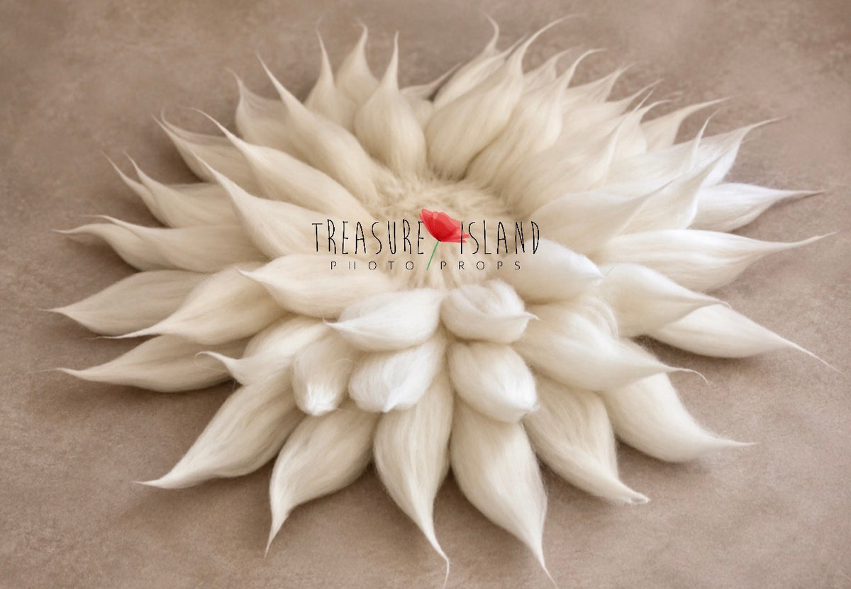 White hand-felted wool petal blanket with dimensional wool texture for newborn photography