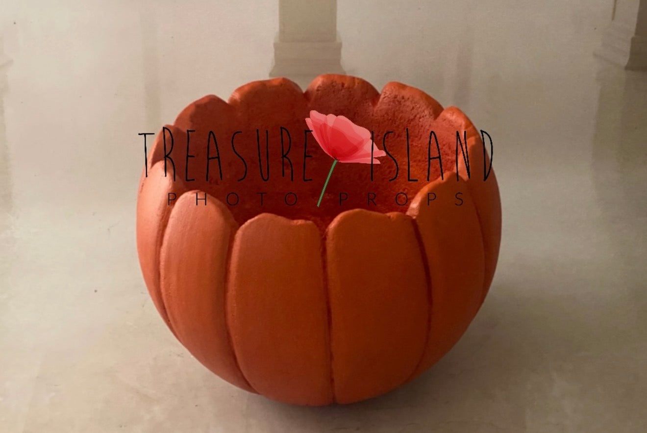 Sitter size rustic pumpkin photography bowl with wide open top and sculpted pumpkin shape