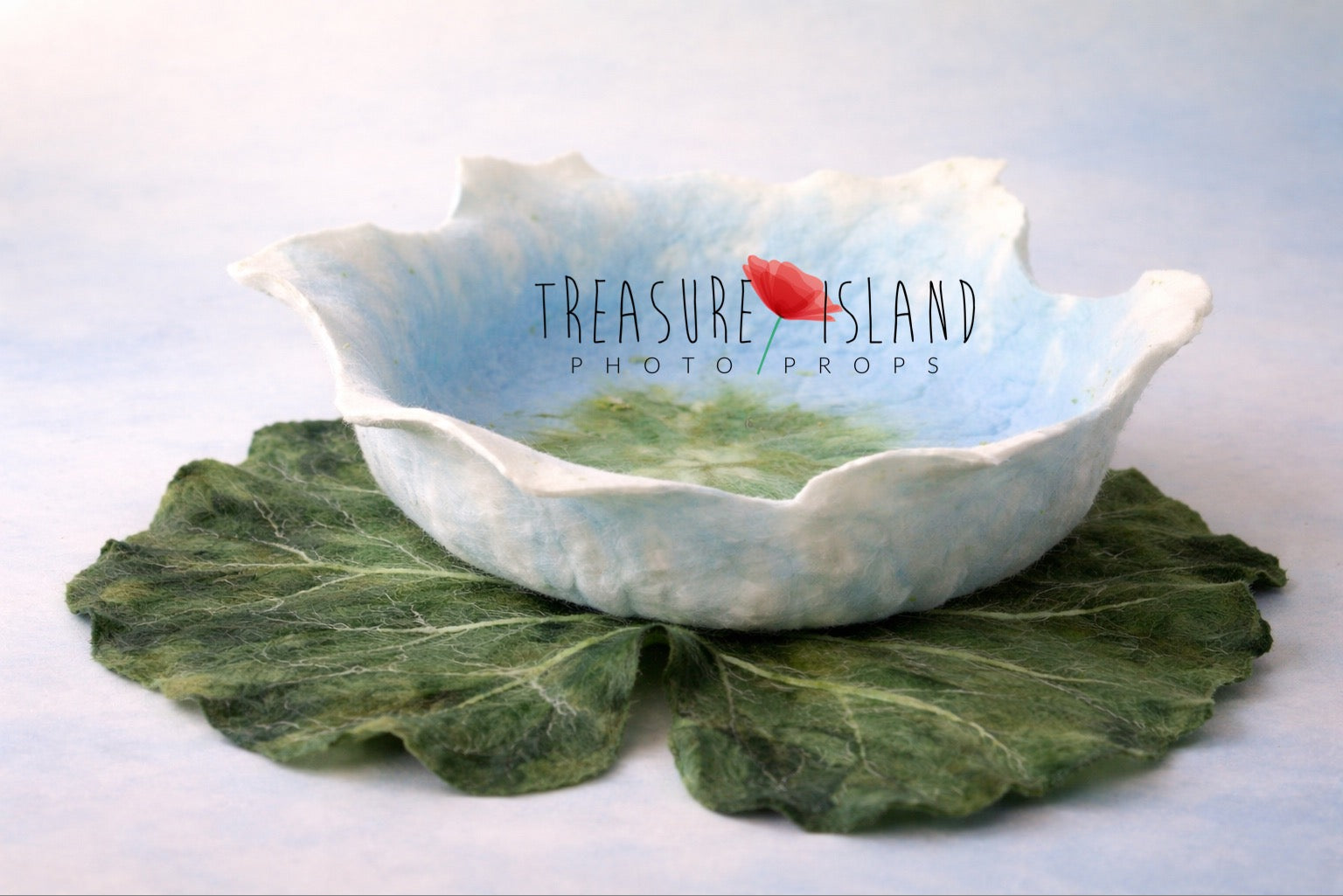 Aeris sky-blue hand-felted flower bowl with green botanical leaf for newborn and sitter fairy photography