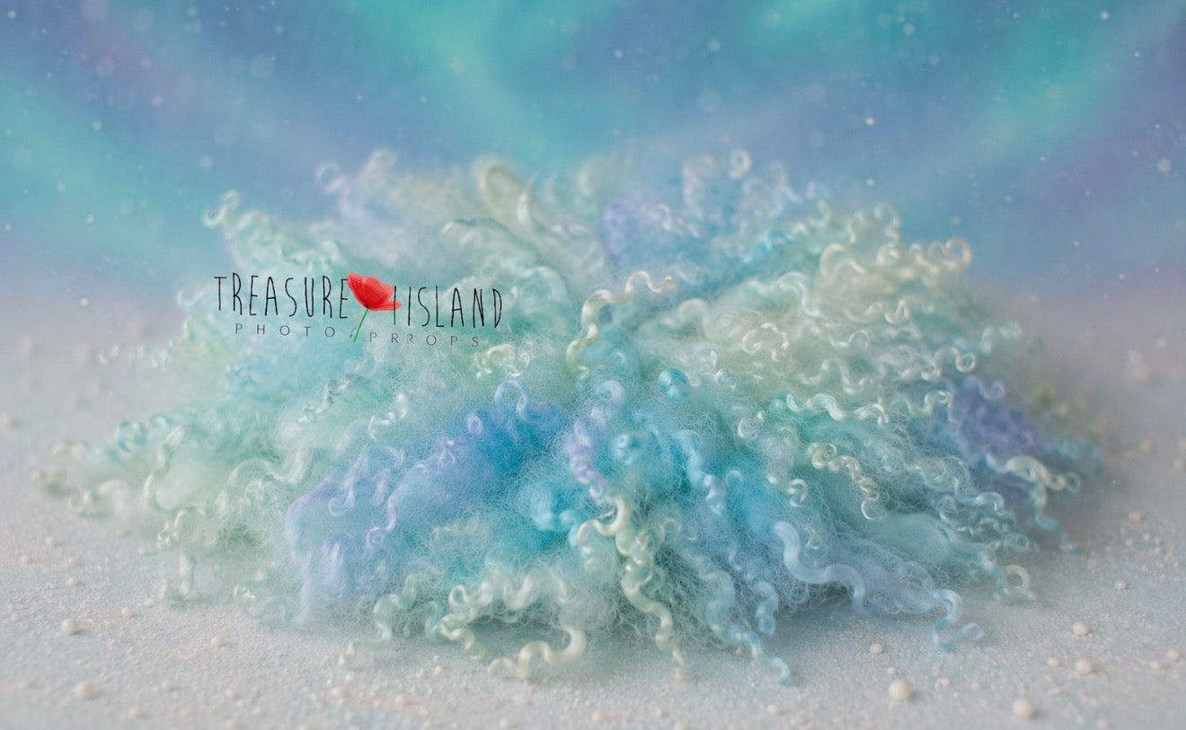 Aurora curly wool blanket with natural sheep curls in turquoise, icy blue, lavender and white for newborn photography