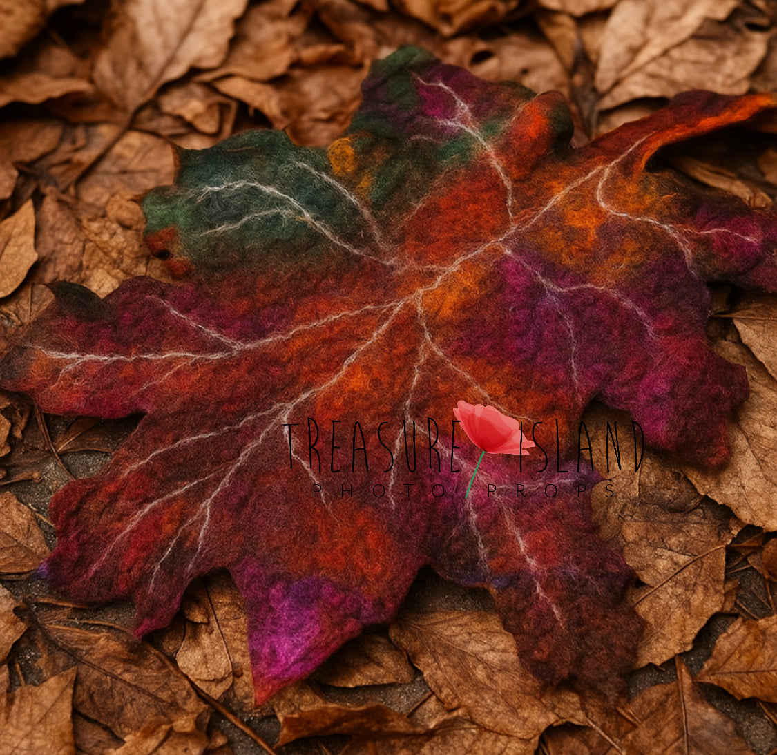 Hand-felted maple autumn leaf styled on natural fallen leaves for Fine Art photography