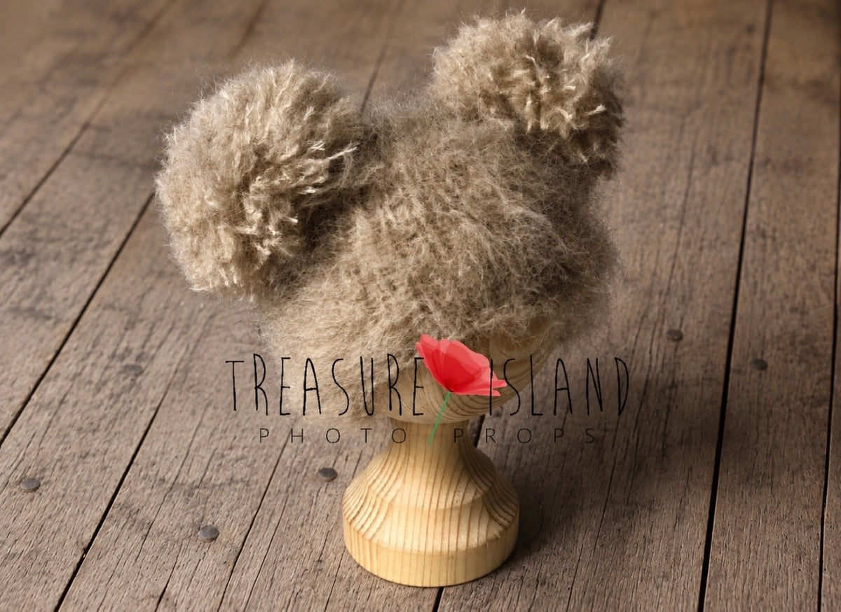 Beige fluffy double pom pom knitted hat for newborn and baby photography
