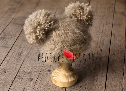 Beige fluffy double pom pom knitted hat for newborn and baby photography
