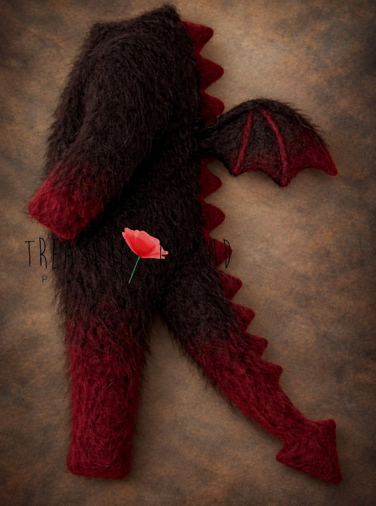 Black fluffy Dragon Romper with burgundy dragon details for dark fantasy and fine art newborn photography