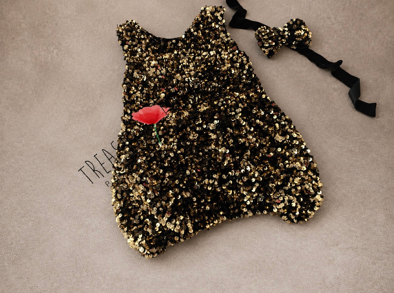 Handmade black and gold sequin baby photography dress with bubble silhouette and matching headband