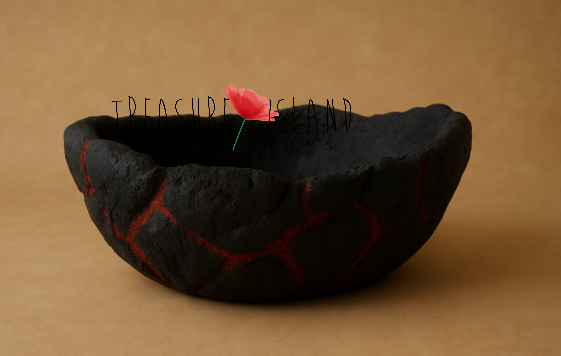Black Volcano Bowl with sculpted volcanic stone texture and red lava effect for fantasy sitter photography