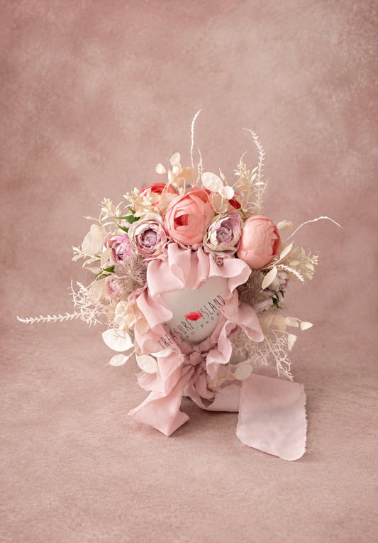 Blush coral floral bonnet with flowing pink ties for newborn and sitter photography