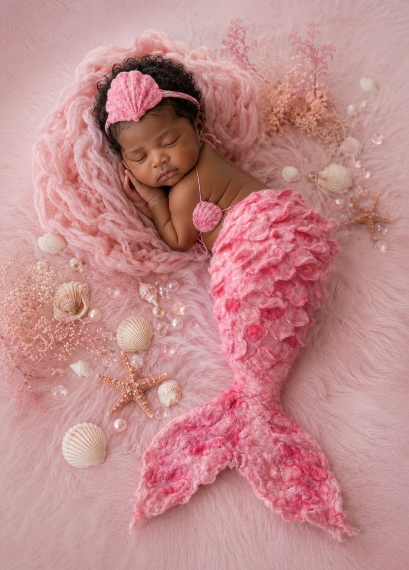 Newborn wearing Blush Coral handmade mermaid tail with felted shell top and headband