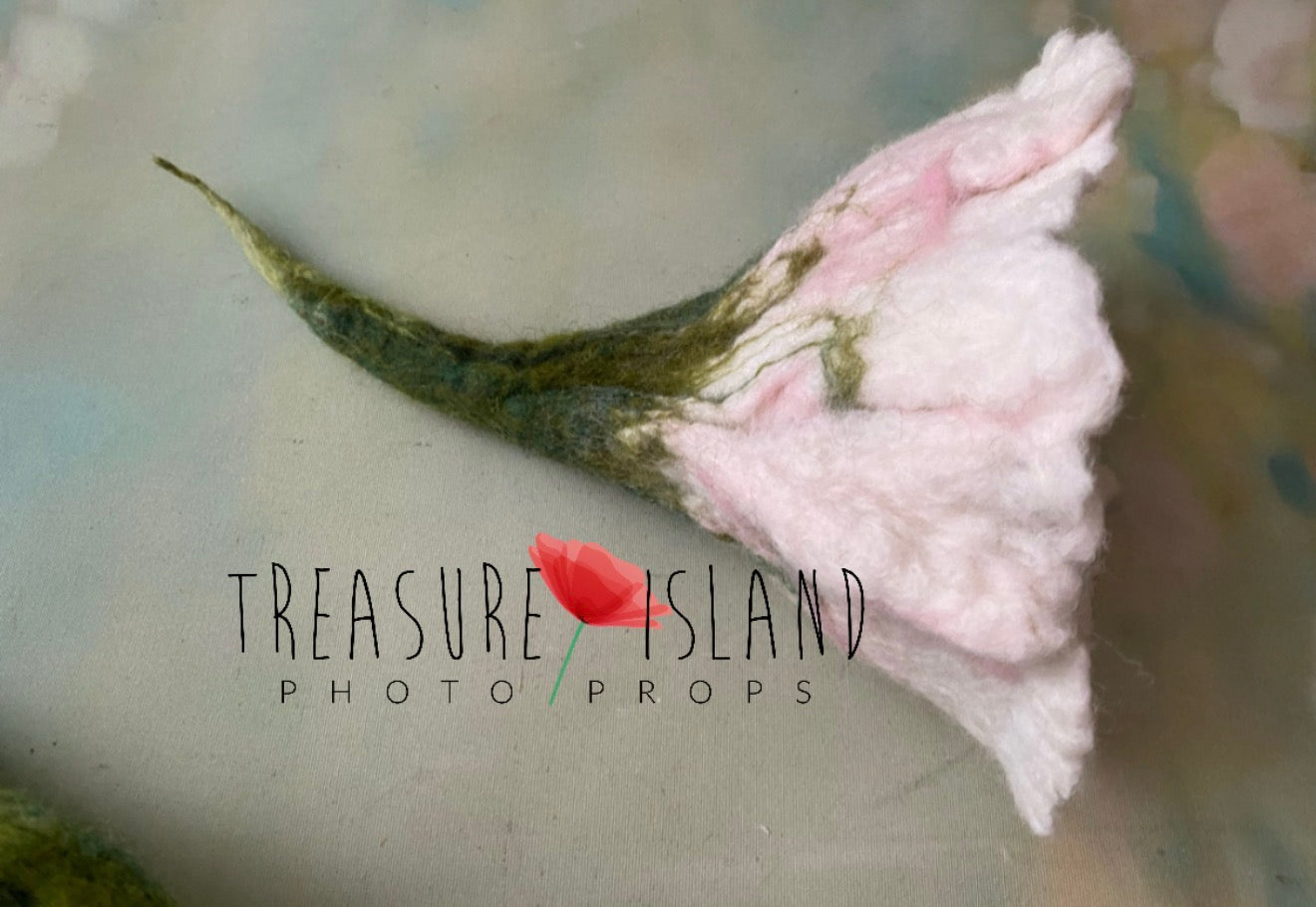 Hand-felted blush pink and white flower bonnet with green stem for newborn photography