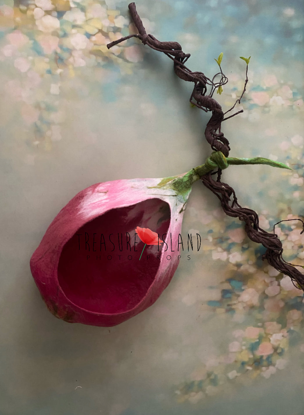 Botanical newborn photography set with pink felted flower cocoon and bonnet