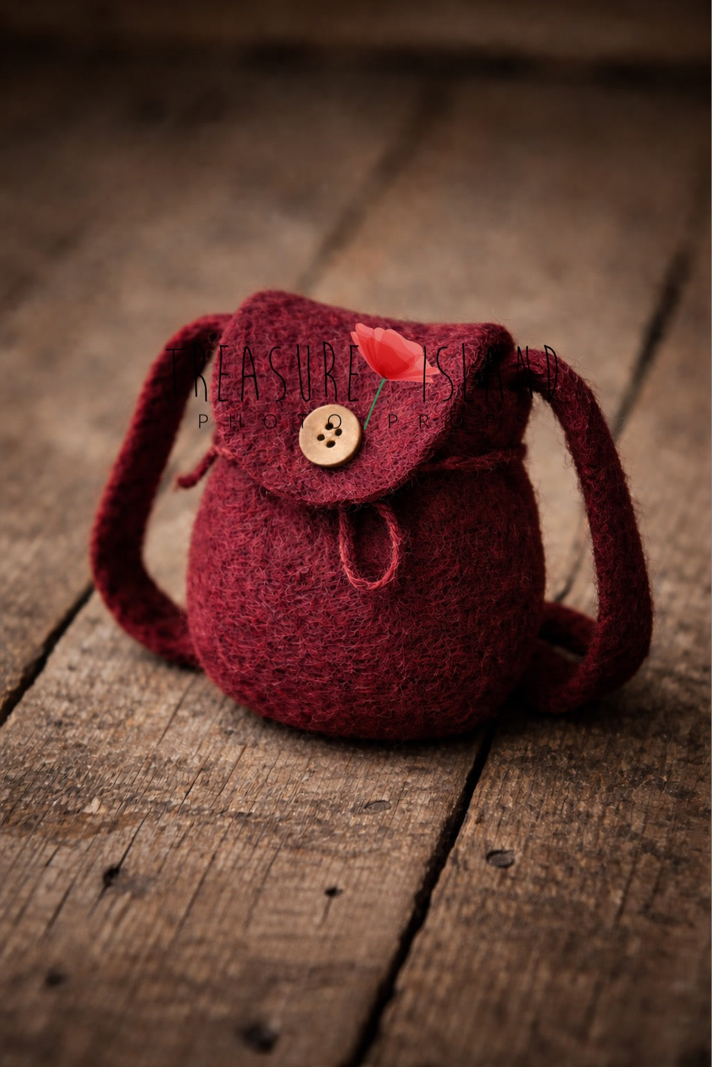Burgundy hand-felted mini woodland backpack for newborn photography styling