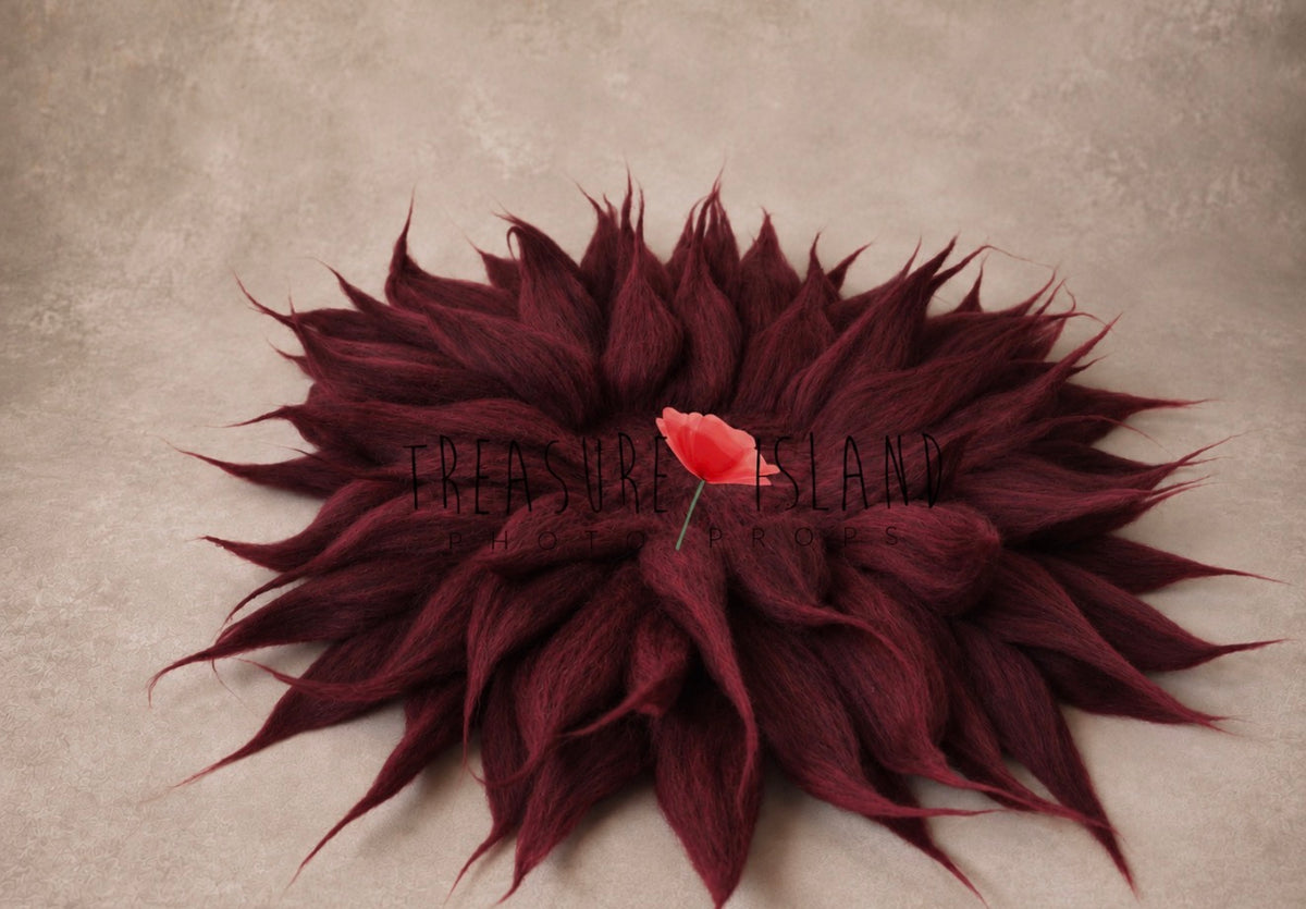 Burgundy wine felted wool petal blanket with sculptural texture for newborn and sitter portraits
