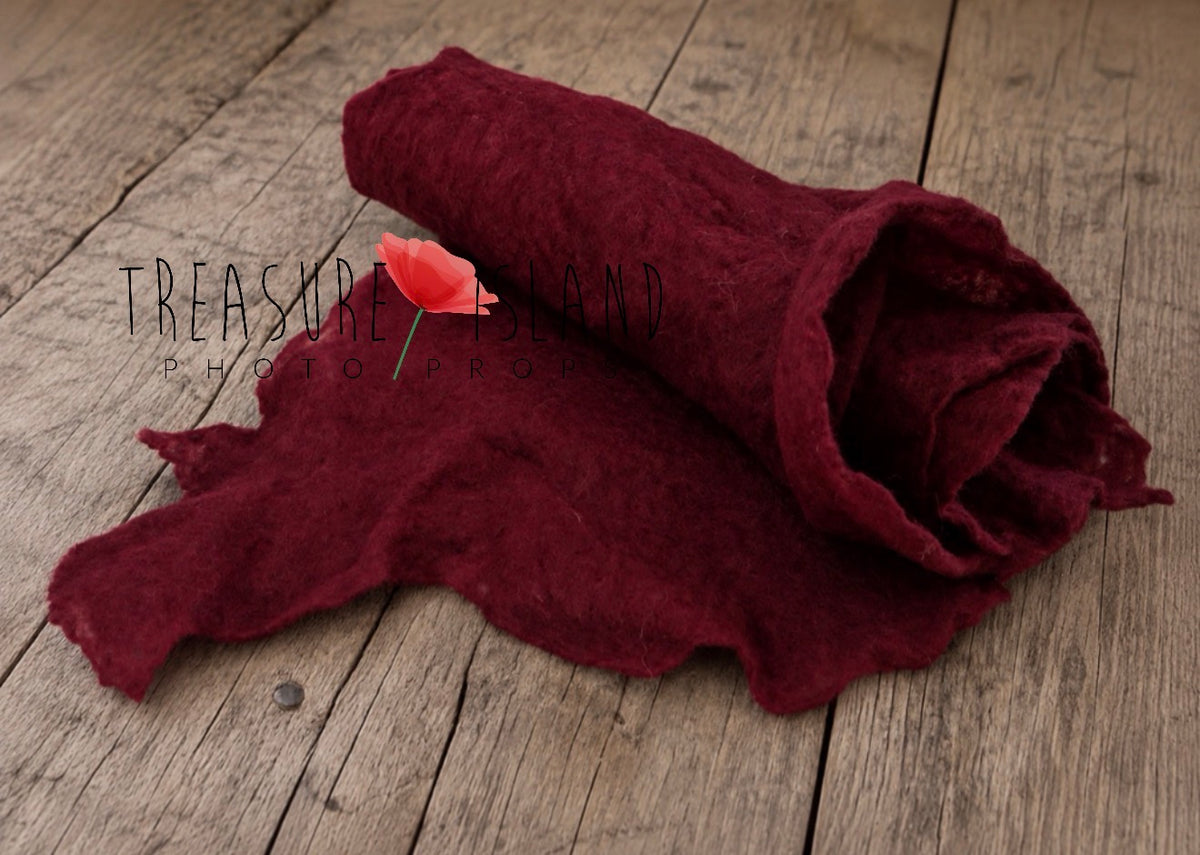 Burgundy wine hand-felted irregular wool blanket with organic edges for newborn photography
