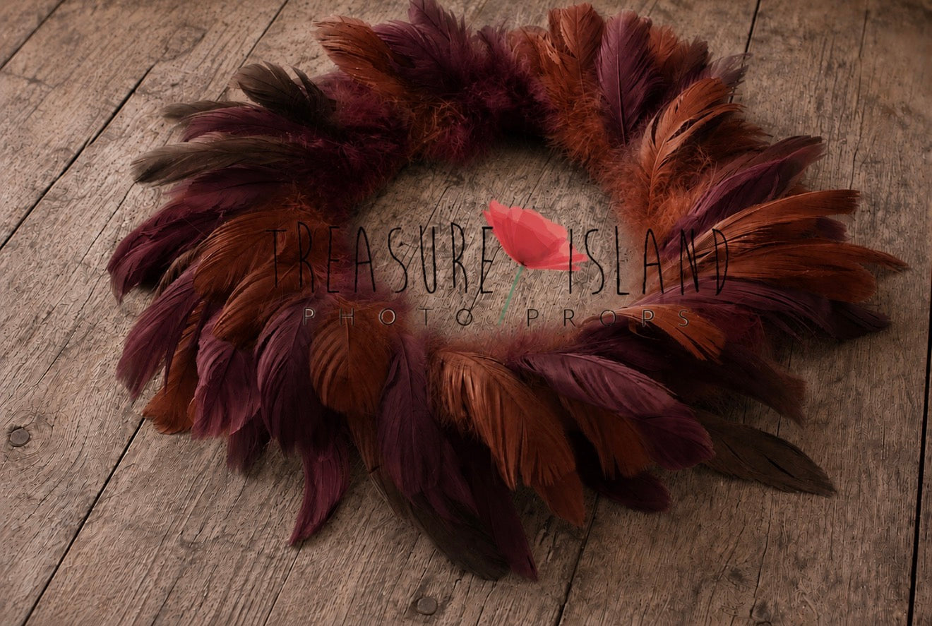 Burgundy and rust Feather Nest with rich layered feather texture for newborn and sitter photography