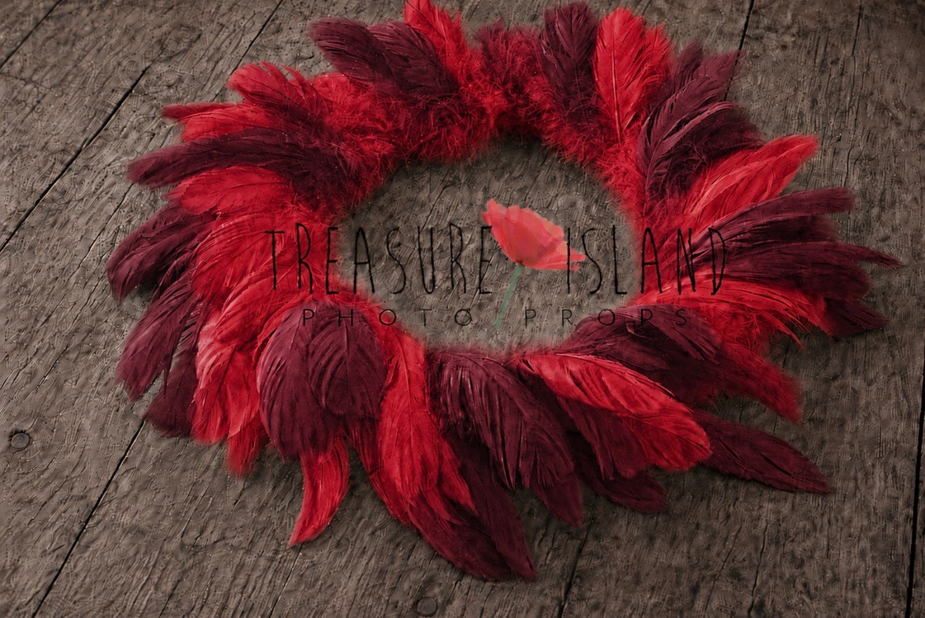 Burgundy and red Feather Nest showing layered hand-dyed feather texture