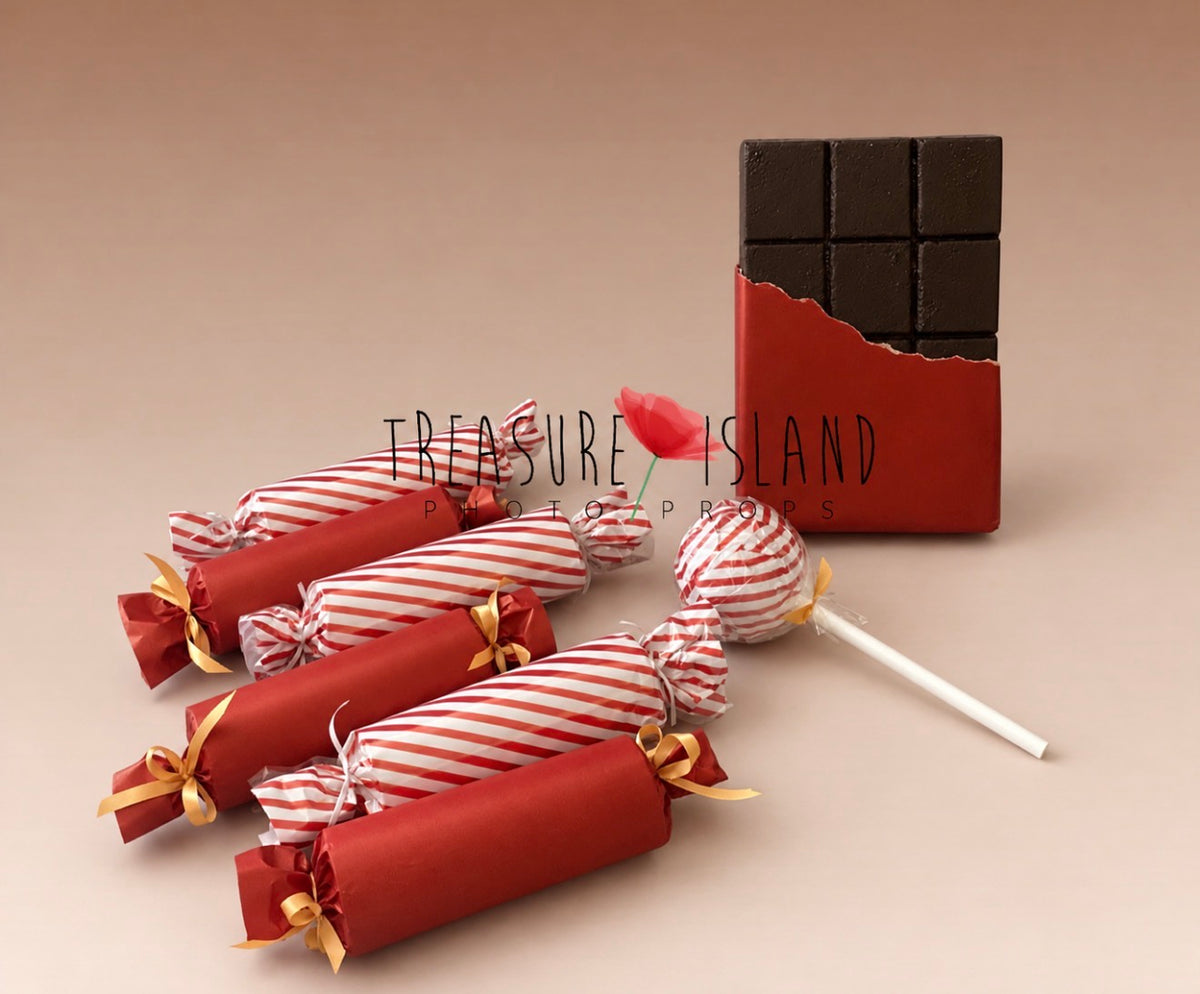 Candy sweets and chocolate photography props for playful red and white Christmas setups