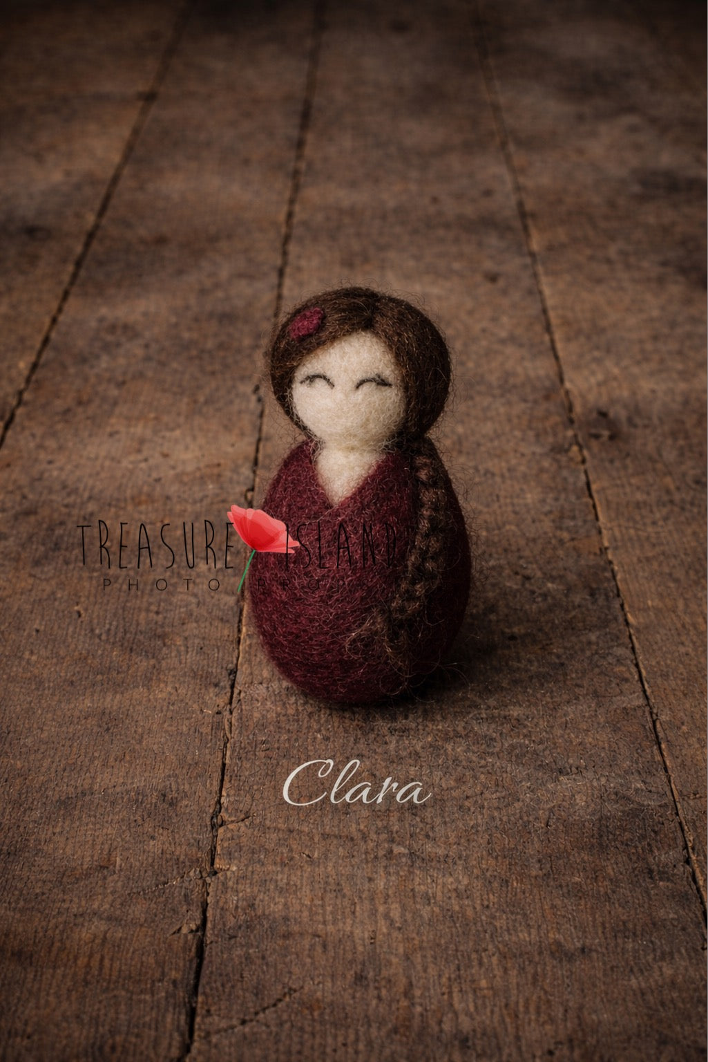 Clara chestnut hand-felted mini doll with dark braided hair for newborn photography