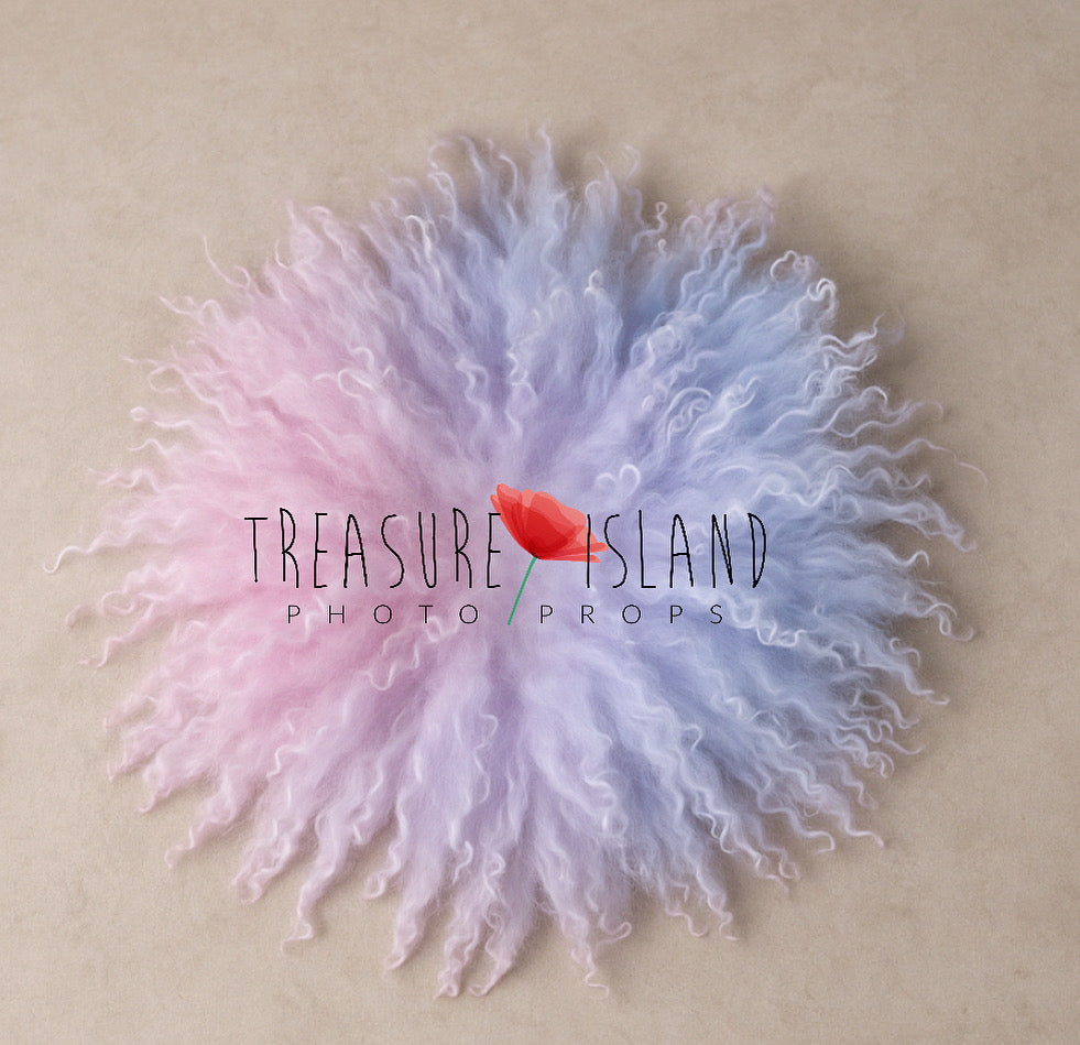 Cotton Candy hand-felted curly wool blanket in pastel pink and baby blue with natural sheep curls