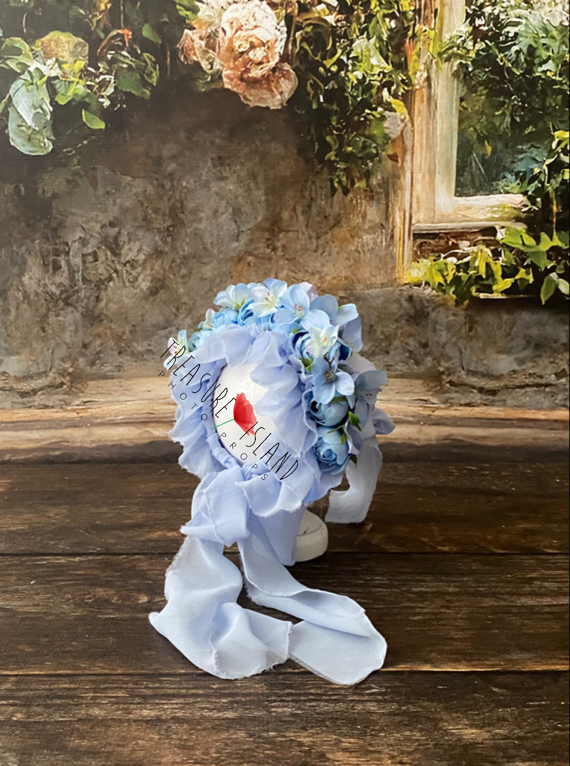 Handmade floral bonnet in blue and white tones for fine art and spring photography sessions