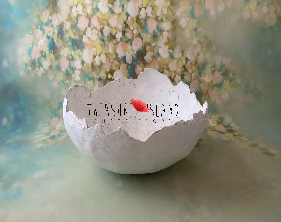 Custom-style broken edge on handmade plaster eggshell photography prop