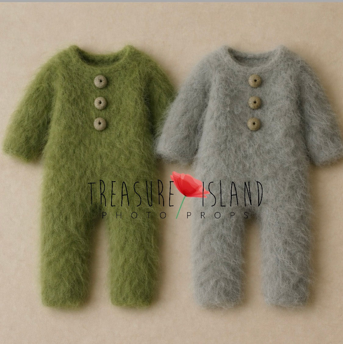 Forest green and stone grey alpaca-wool Dino rompers for newborn and sitter photography