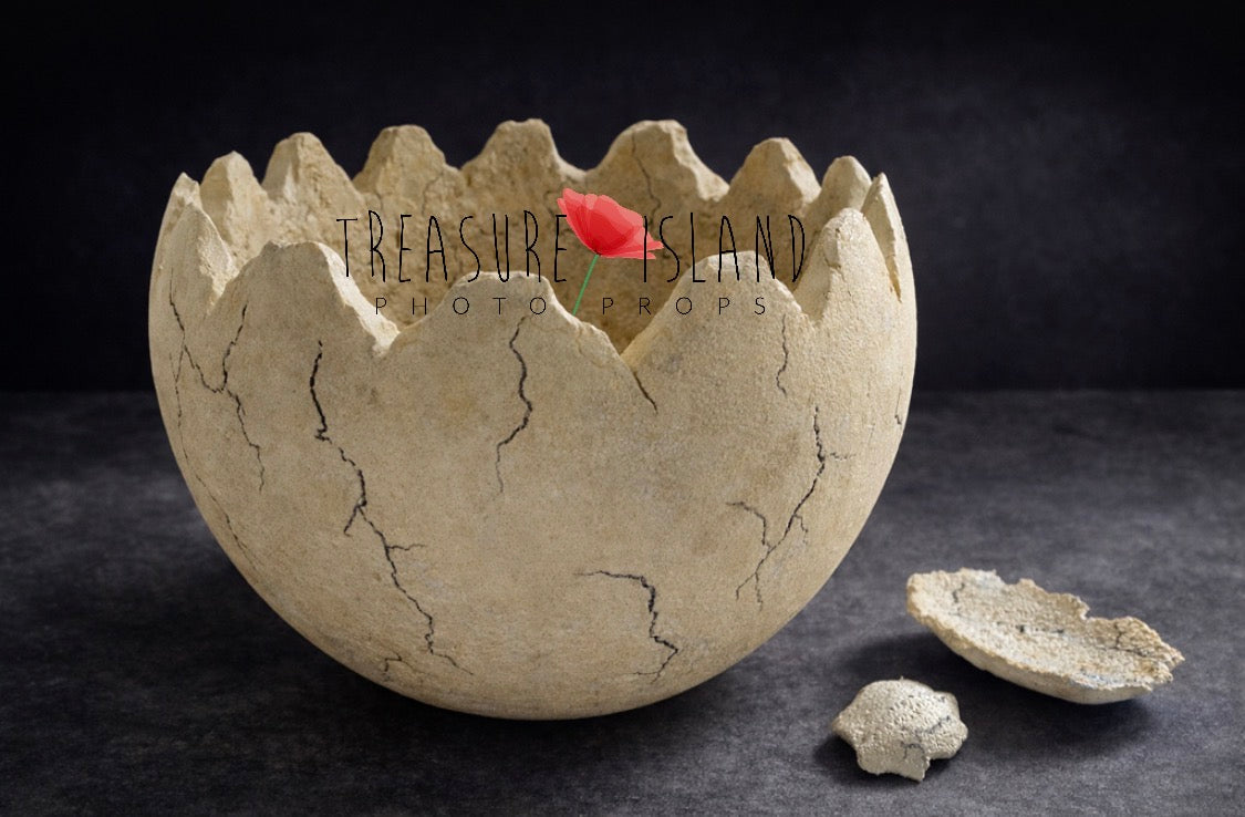 Sandy styrofoam Dinosaur Eggshell photography prop with hand-finished crack details