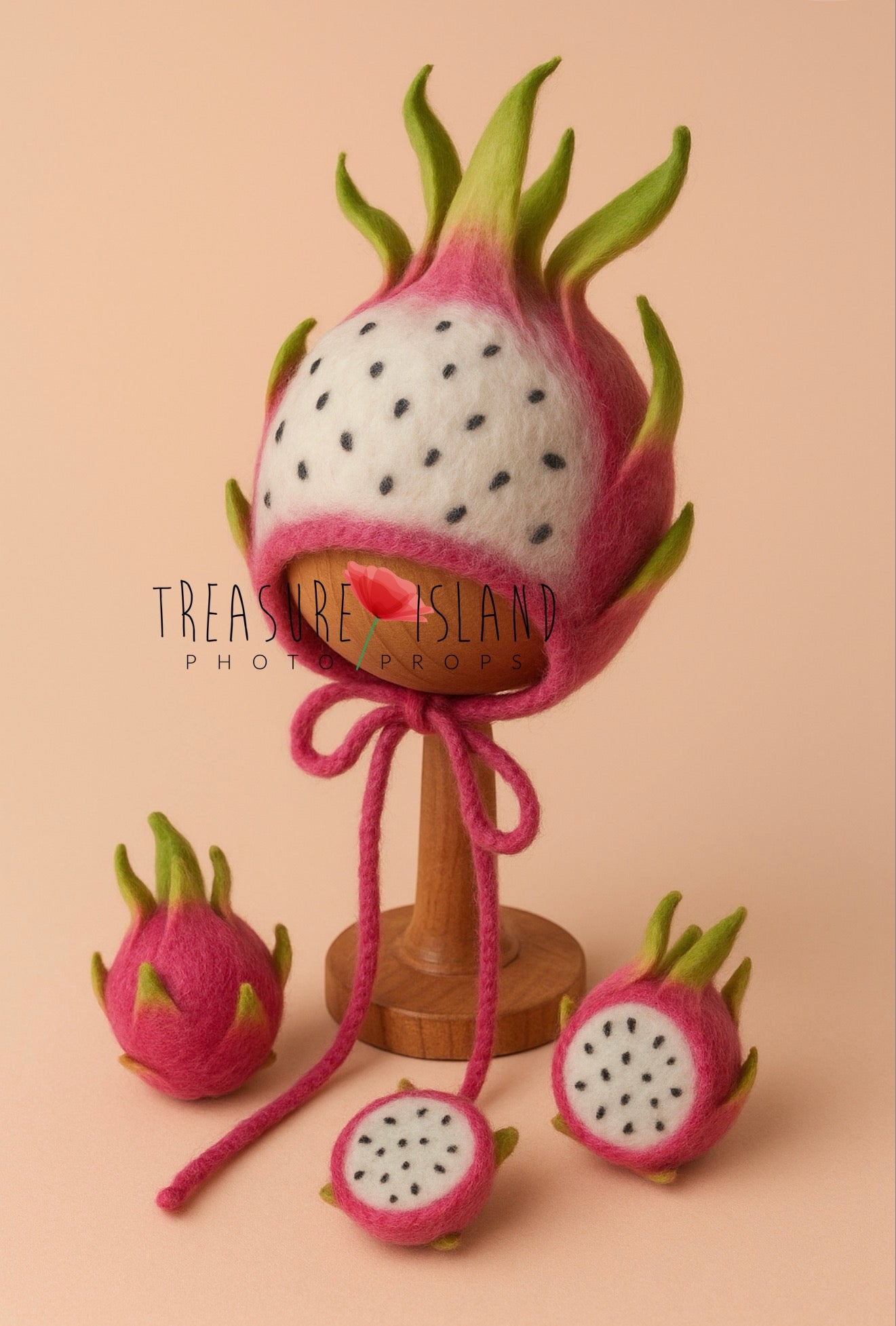 hand felted dragon fruit bonnet newborn photography prop exotic fruit baby styling
hand felted dragon fruit props set wool fruit photography accessory colorful newborn setup