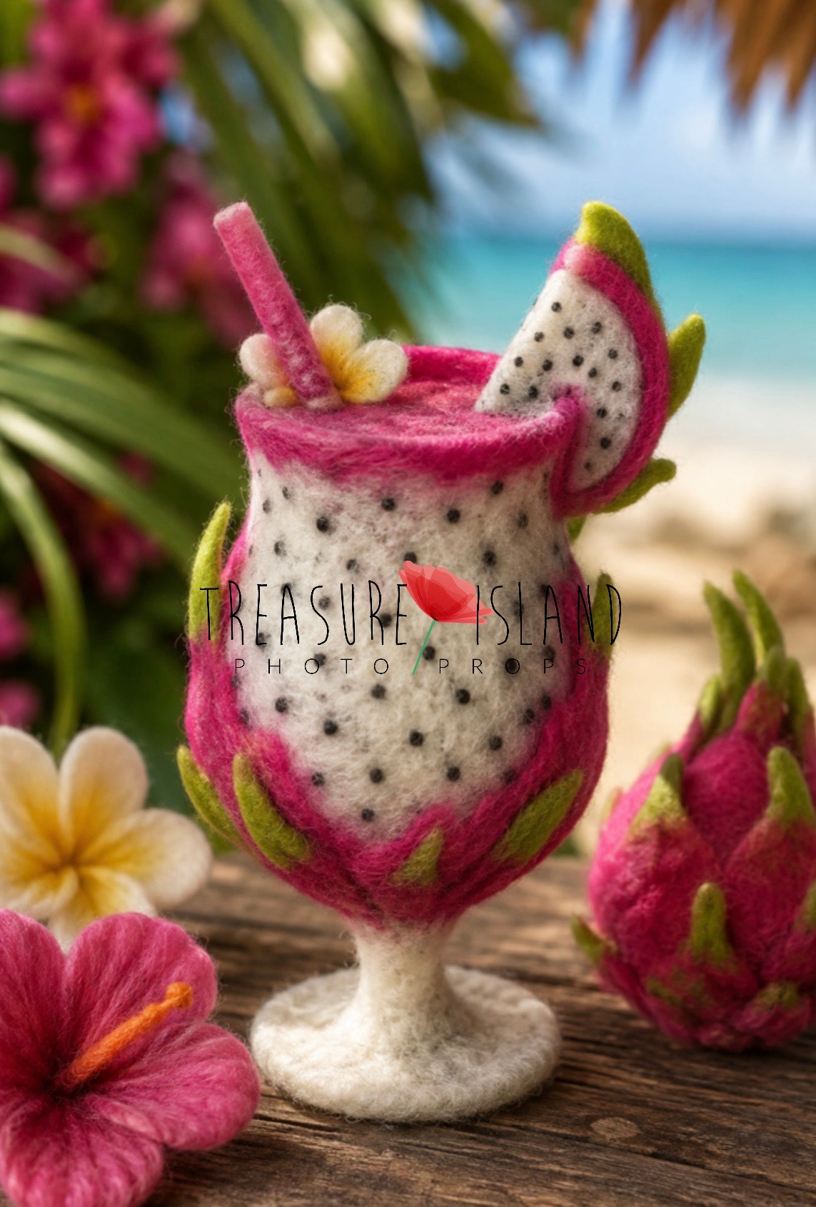 Hand-felted dragon fruit tropical drink and mini fruit props for newborn and sitter photography