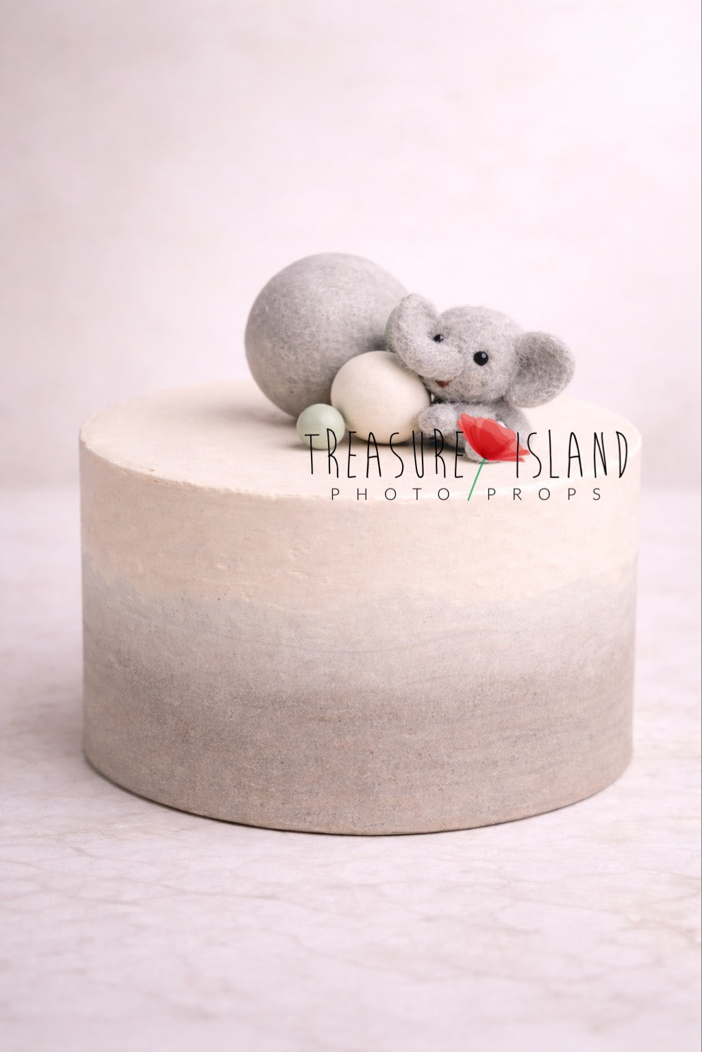 Elephant Whisper structural styrofoam cake smash prop with mini felted elephant for Safari photography