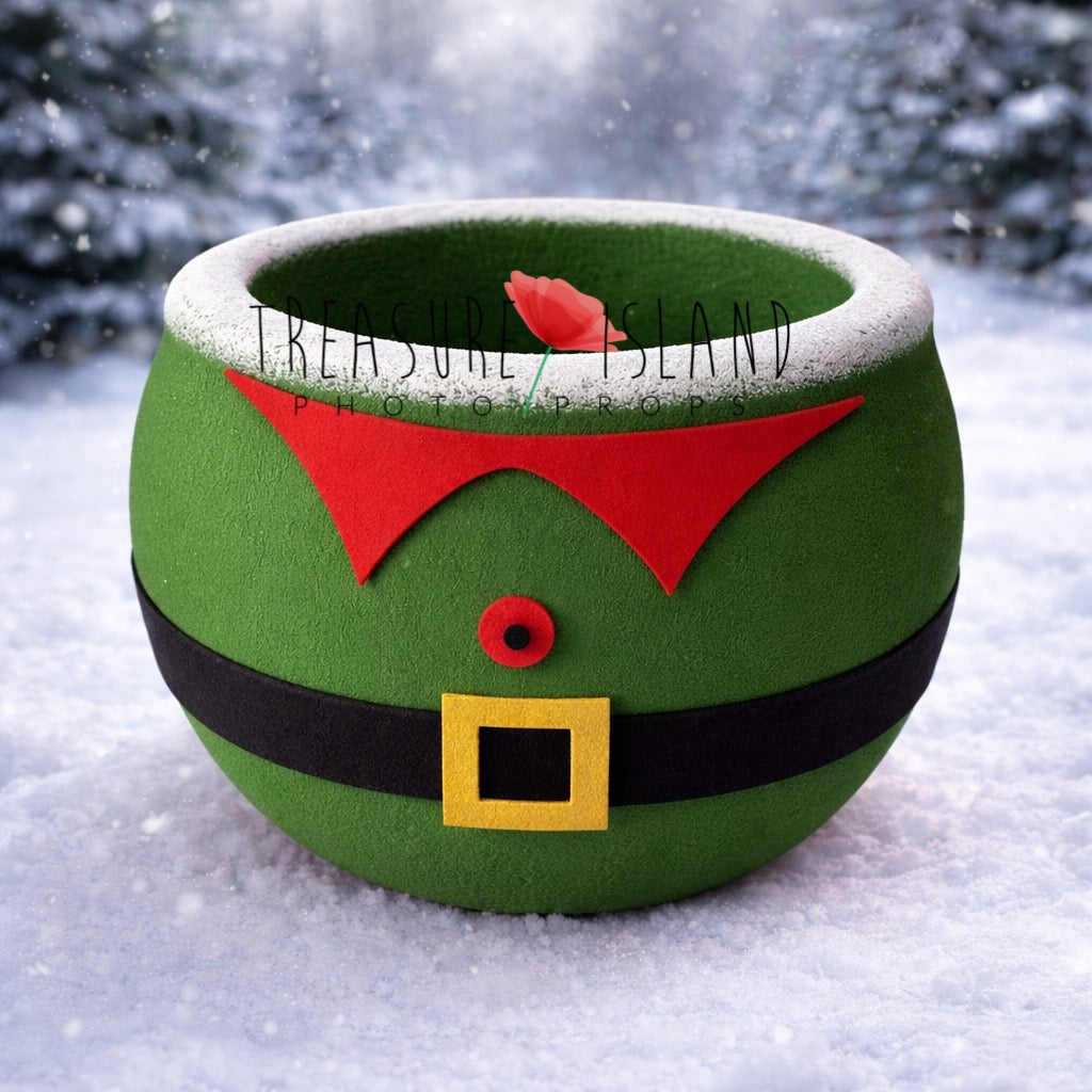 Green Elf costume Christmas photography bowl with red collar, black belt, gold buckle and snowy white rim for newborn and sitter sessions