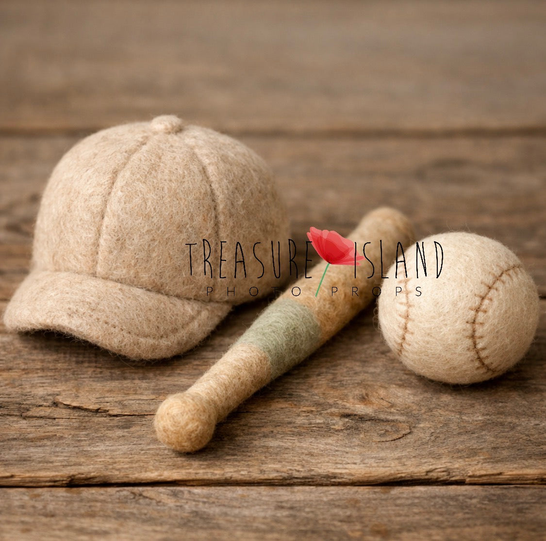 Hand-felted newborn baseball set with cappuccino cap, miniature bat and ball
